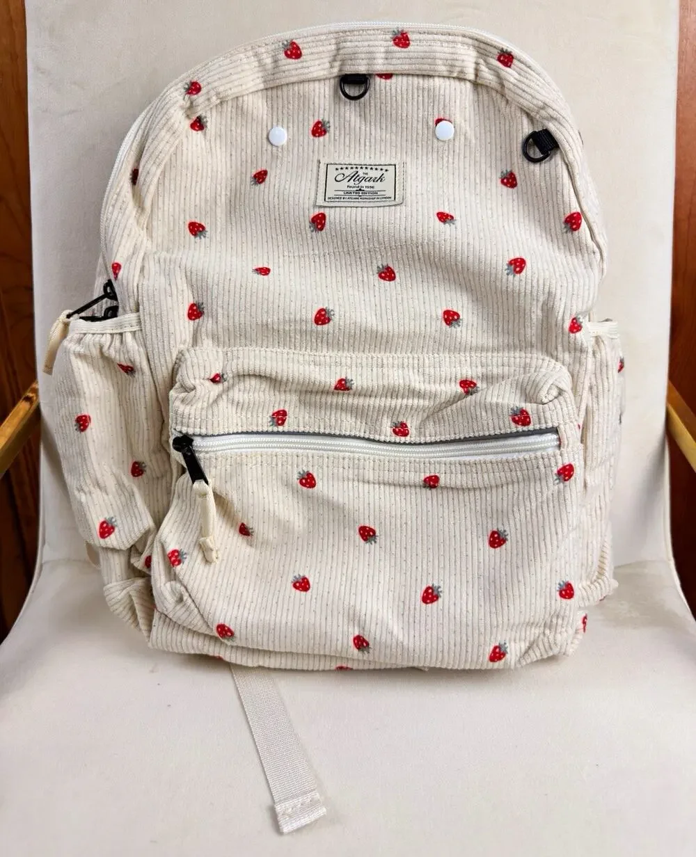 Miqah Mini Corduroy Strawberry Backpack Cream/Red Zip Pockets Adjustable Straps